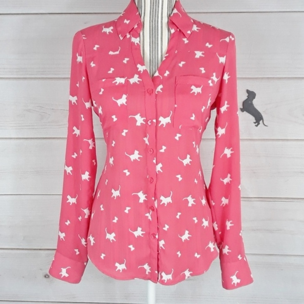 Express Pink Button Down Shirt with White Dog Print